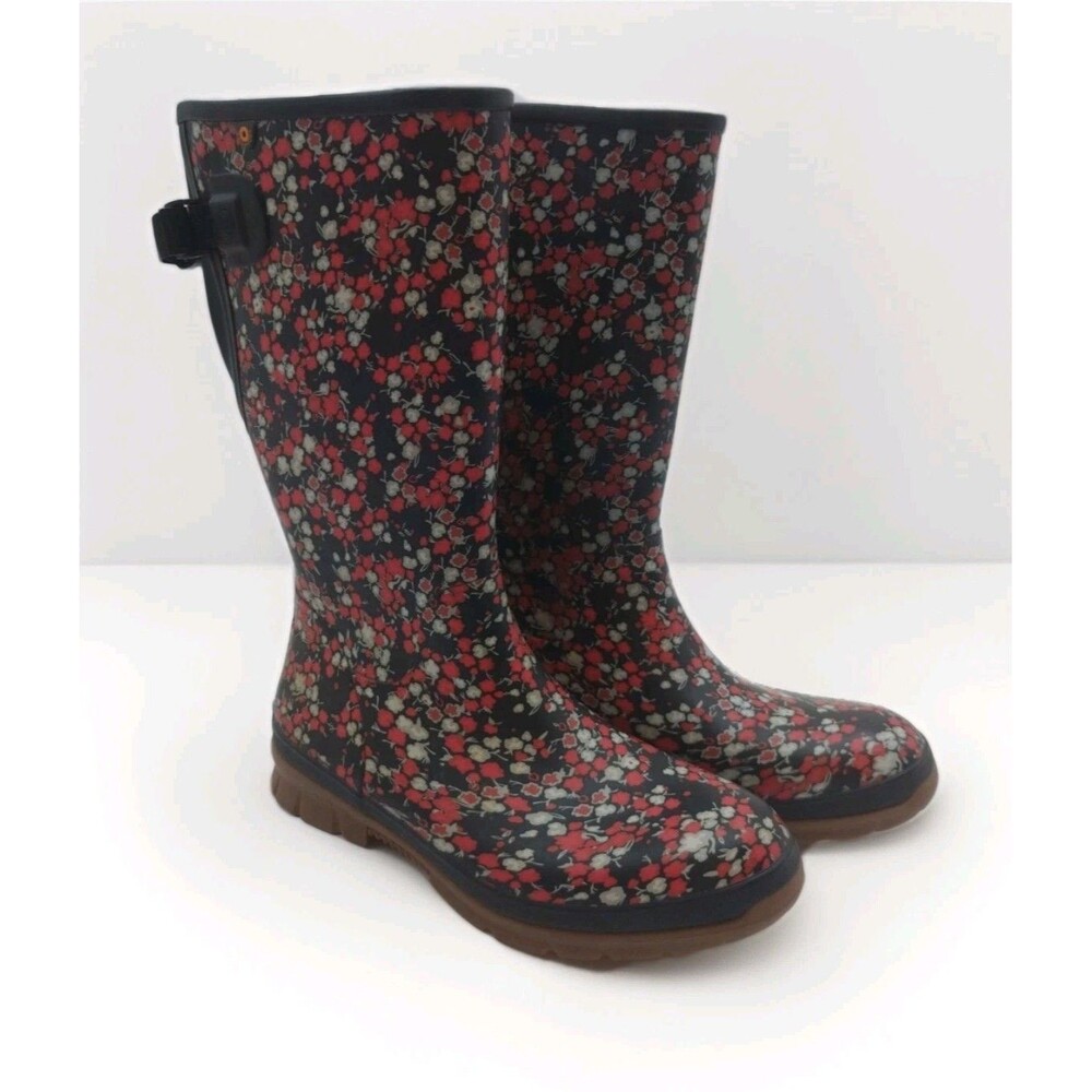 Bogs Amelia Tall Floral Rain Boots Women's Sz 10 Red Black gray Waterproof -Read